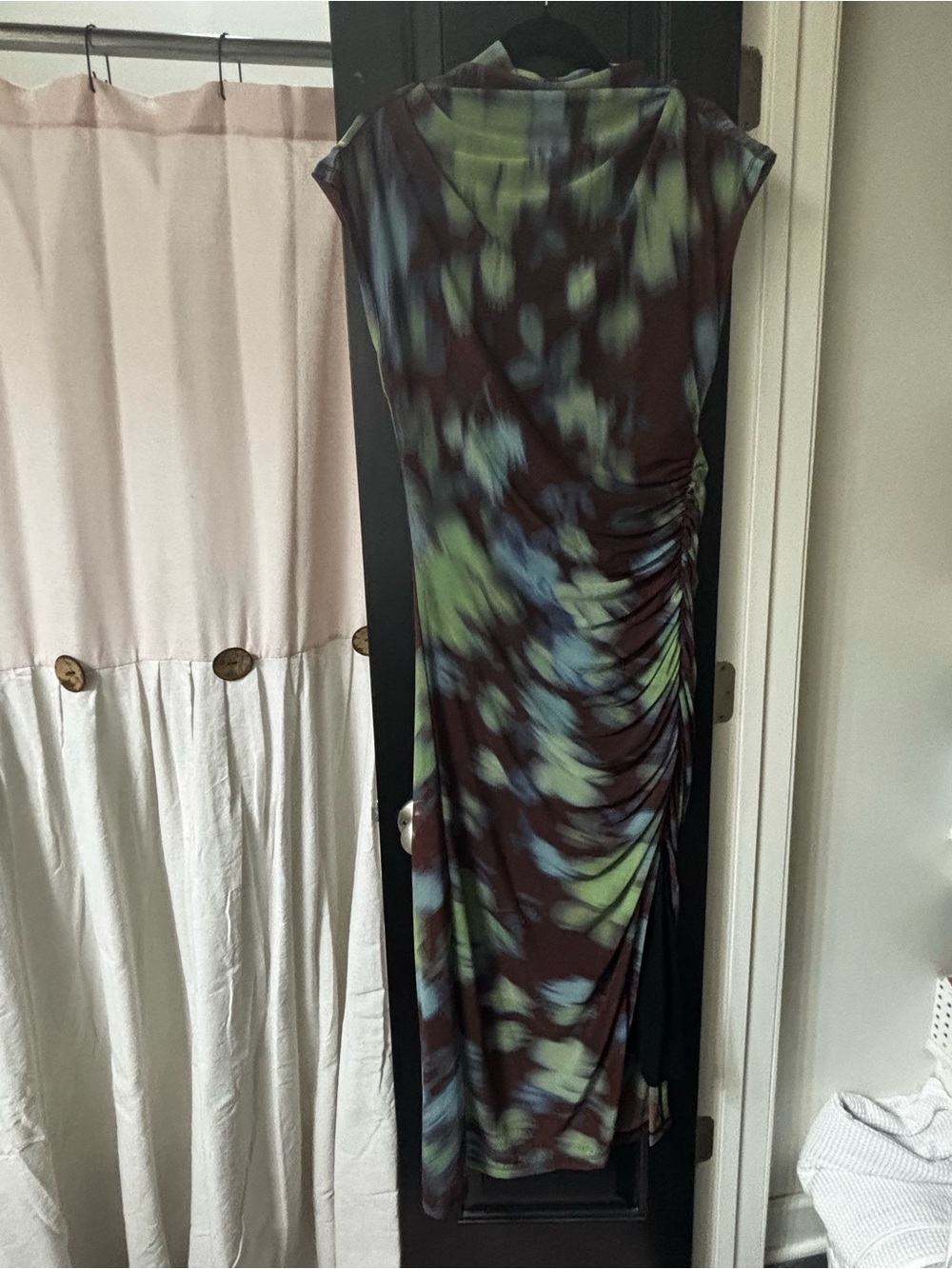 Anthropologie Olive Green & Blue Ruched Midi Dress